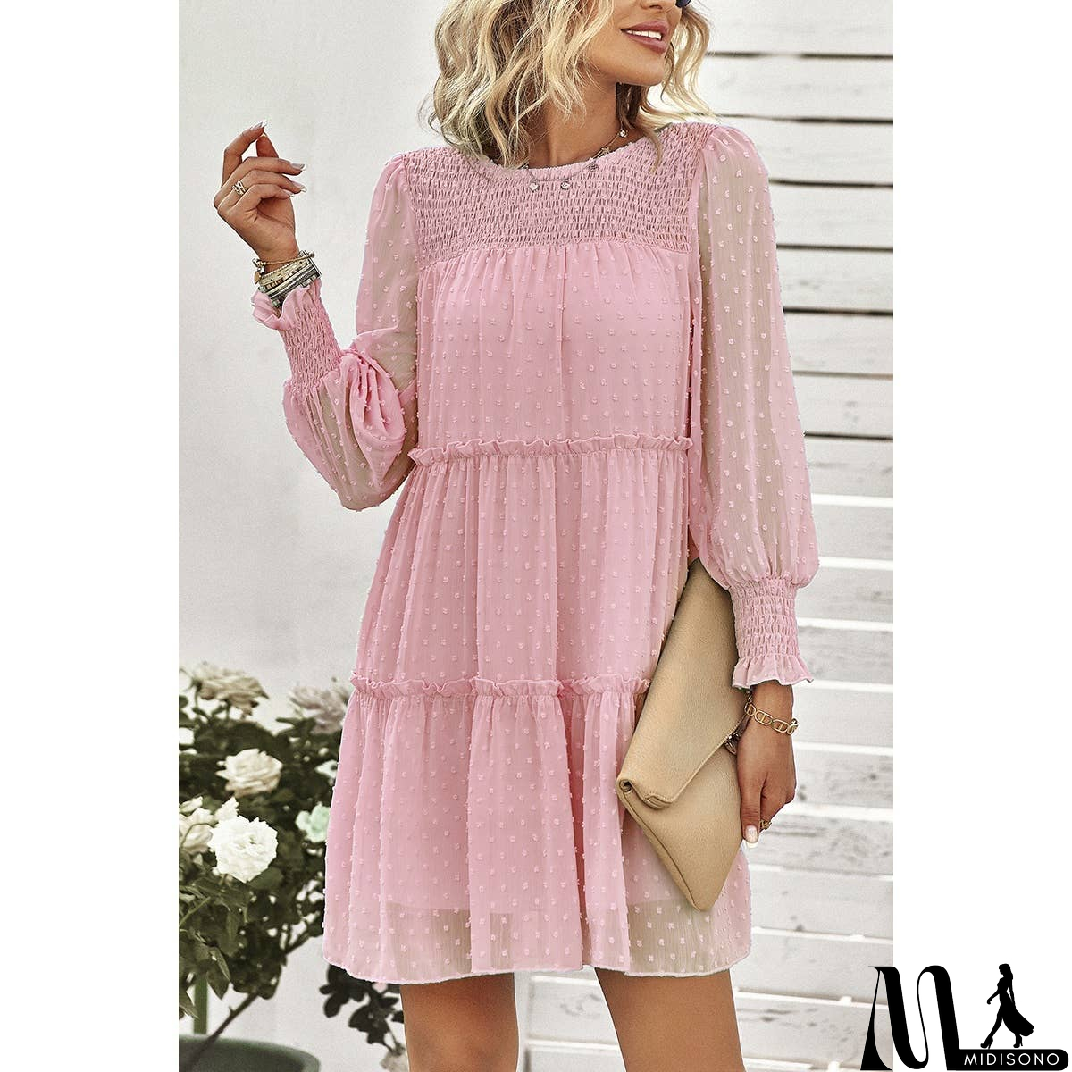 MidiSono - Dot Solid Ruched Color Block Ruffle Lined Midi Dress