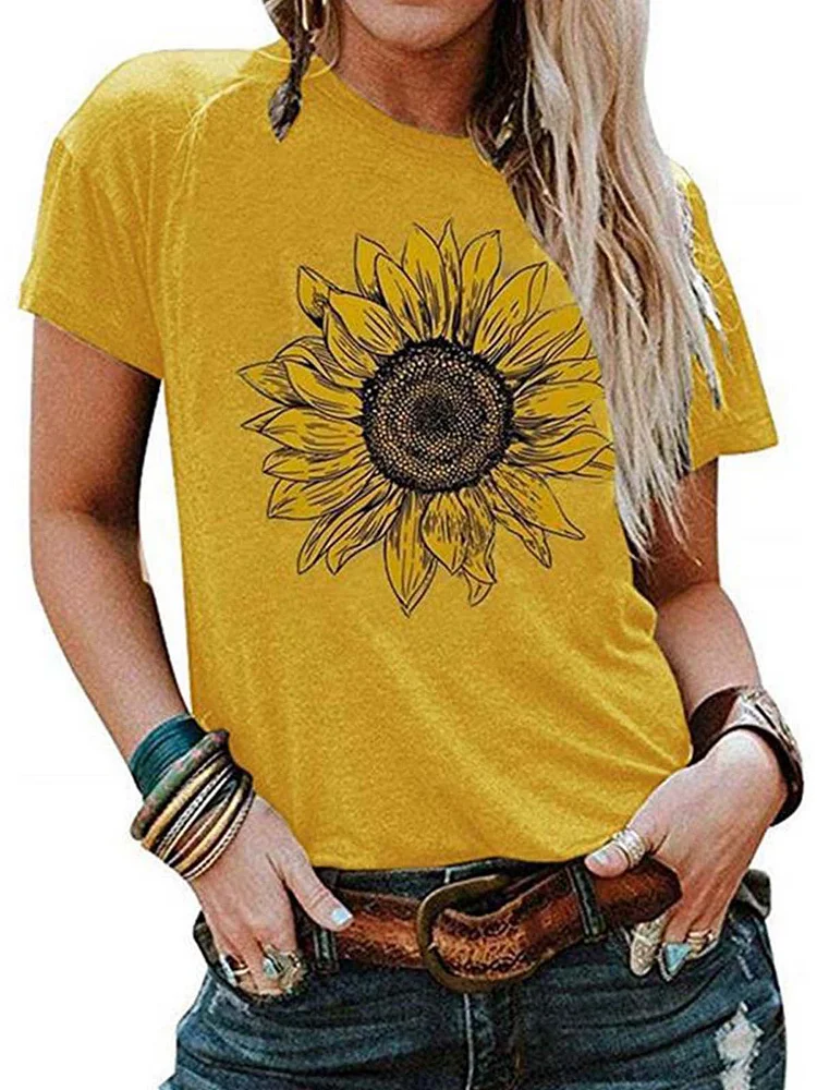 Bestdealfriday Yellow Cotton Blend Round Neck Short Sleeve Shirts Tops 7921967