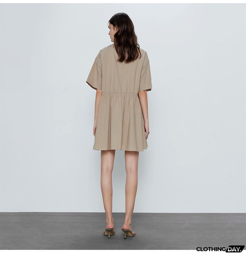 Cotton Dresses Summer Autumn Casual Button Solid Color Loose Ruched Fitted Dress Women Fashion  Clothes Support Dropshipping