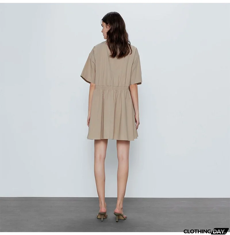 Cotton Dresses Summer Autumn Casual Button Solid Color Loose Ruched Fitted Dress Women Fashion  Clothes Support Dropshipping