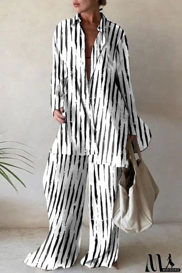 MidiSono - Fashion Print Loose Long Sleeve Shirt + Straight Pants Two Piece Set