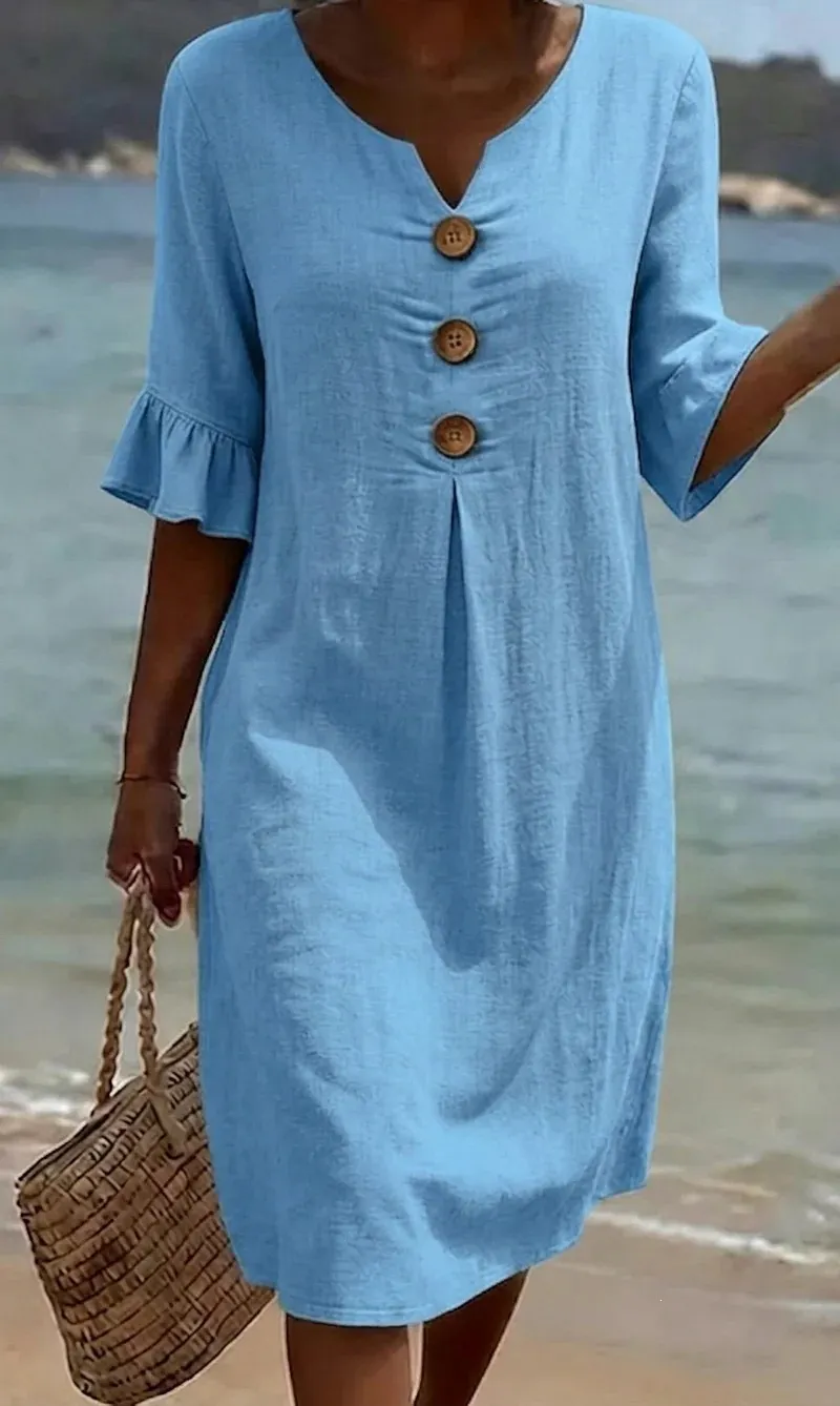 👗Women's Solid-Color Cotton Dress with Buttons and Ruffled Sleeves