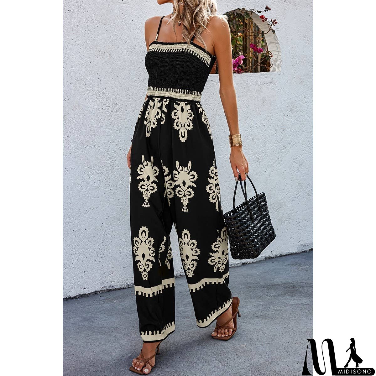 MidiSono - Off Shoulder Ruched Printed High Waist Jumpsuit