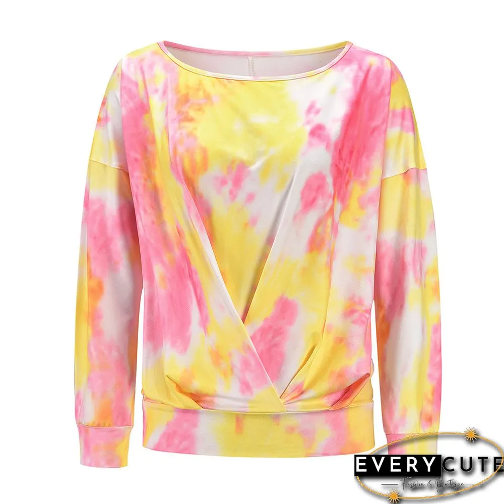 Yellow Tie Dye Twist Front Long Sleeve Tops