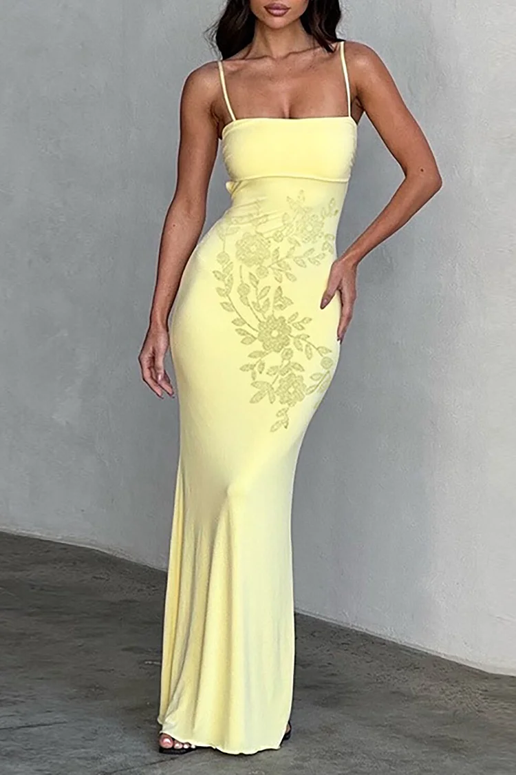 Floral Hot Drilling Bodycon Boat Neckline Strappy Maxi Dresses-Yellow