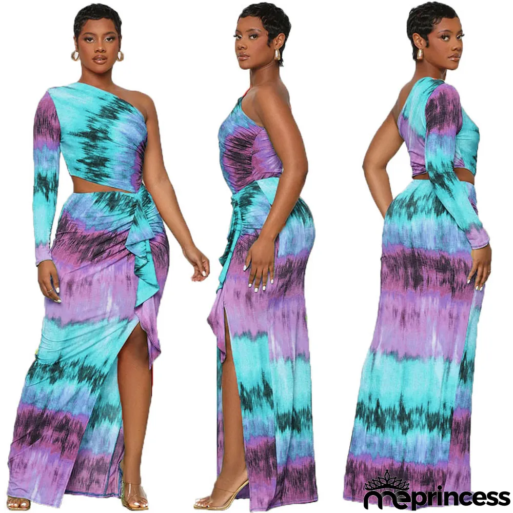 Sexy Diagonal Shoulder Hollow Out Print Split Dress