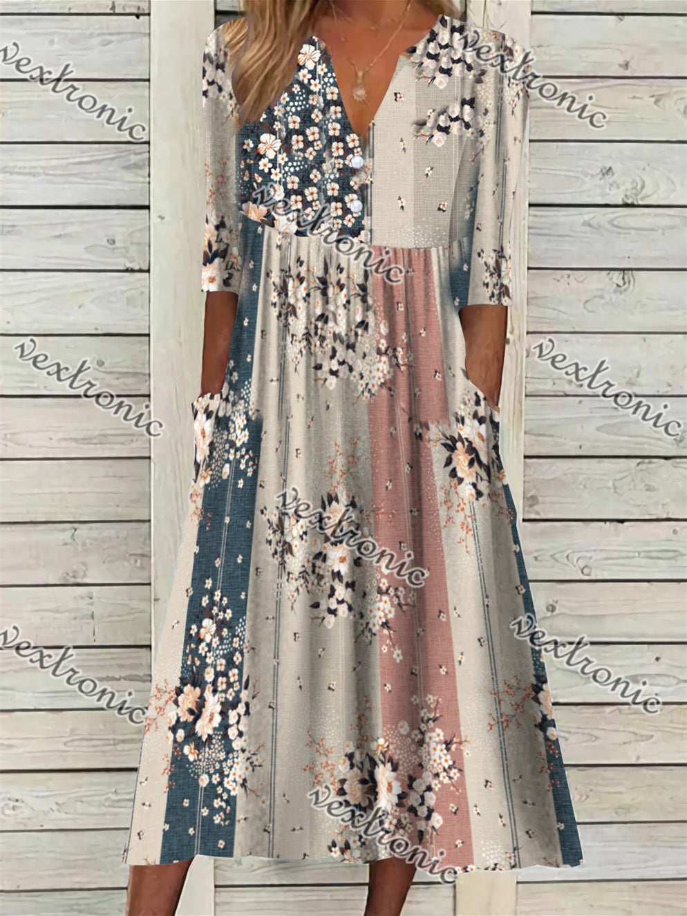 Women Half Sleeve V-neck Solid Color Dress