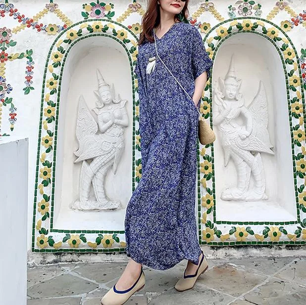 Classy v neck large hem summer tunics for women Shirts blue print Traveling Dresses