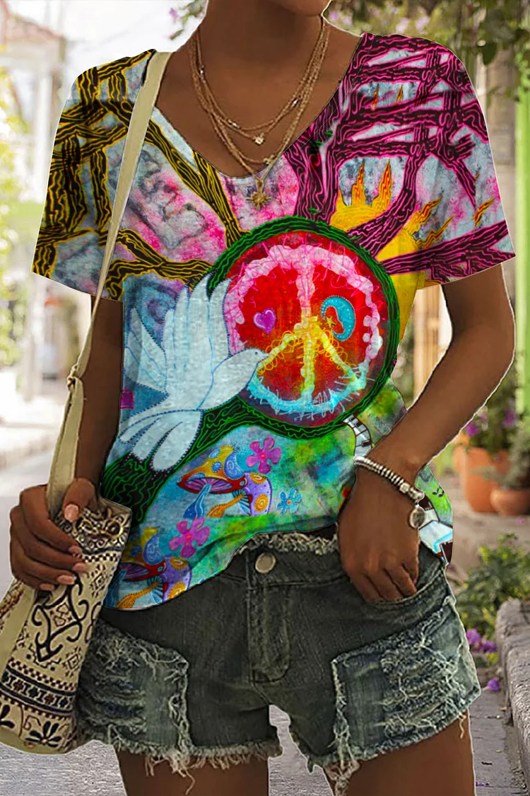 🔥kukelife🔥Hippie Art Peace Pigeon Print V-Neck T-Shirt