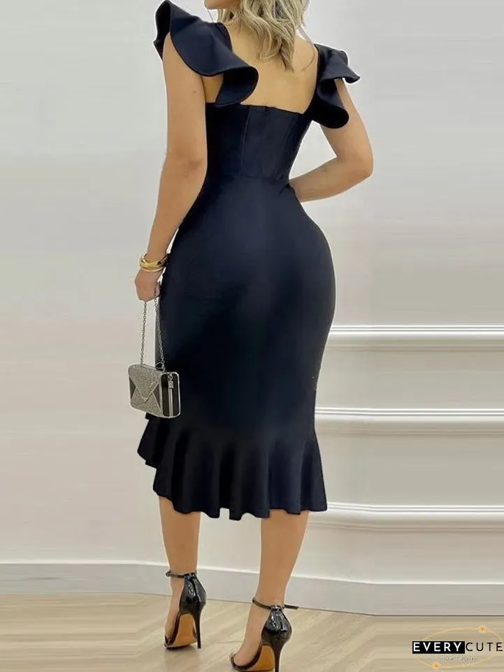 Dresses Deep V Neck Ruffle Slim Fit Irregular Dress for Women