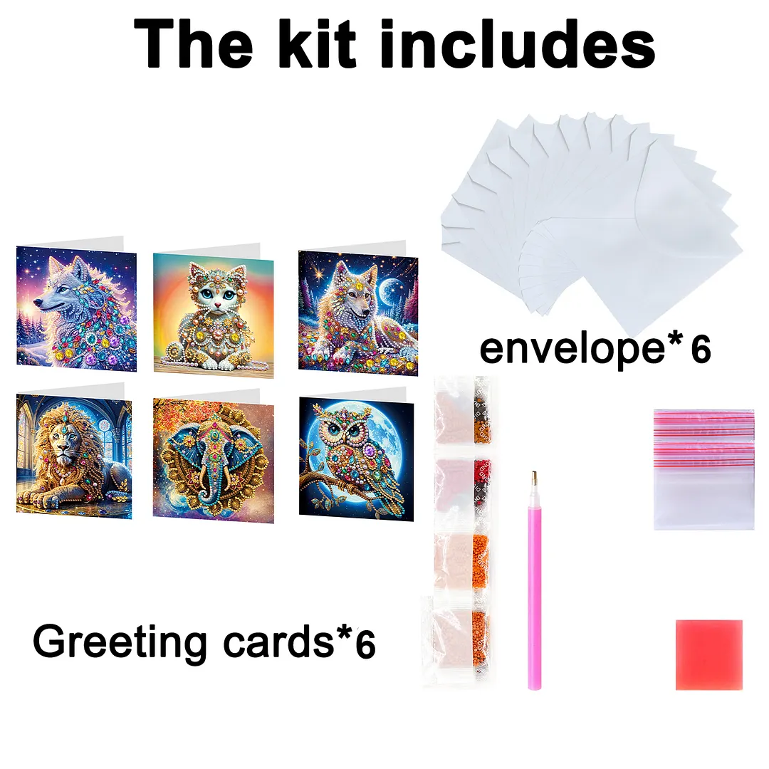 6pcs Gemstone Animals DIY Diamond Painting Greeting Card Kits with Envelopes Diamond Art Greeting Cards Diamond Art Cards Kits for Adults DIY Crafts Family Friend Gifts