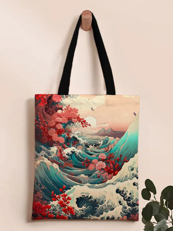 Floral Sea Wave Japanese Art Print Tote Shoulder Bag