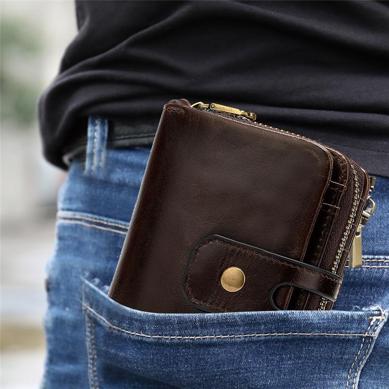 Genuine Leather Retro Multiple Compartment Card Slot Zip Closure Mini Wallet