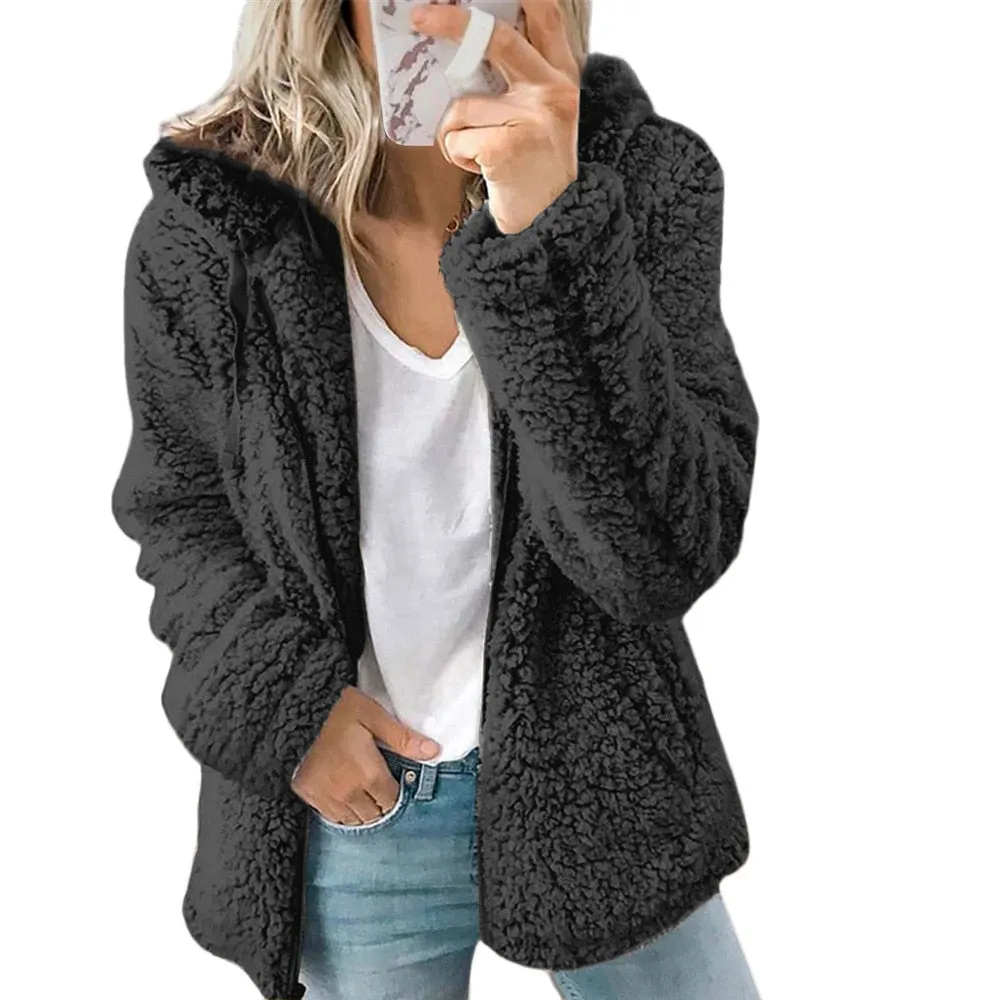2021 new women's hooded woolen fleece autumn and winter jacket