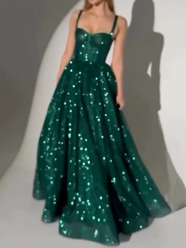 Shiny Sequinned gauze Sleeveless Spaghetti-Neck Evening Maxi Dresses