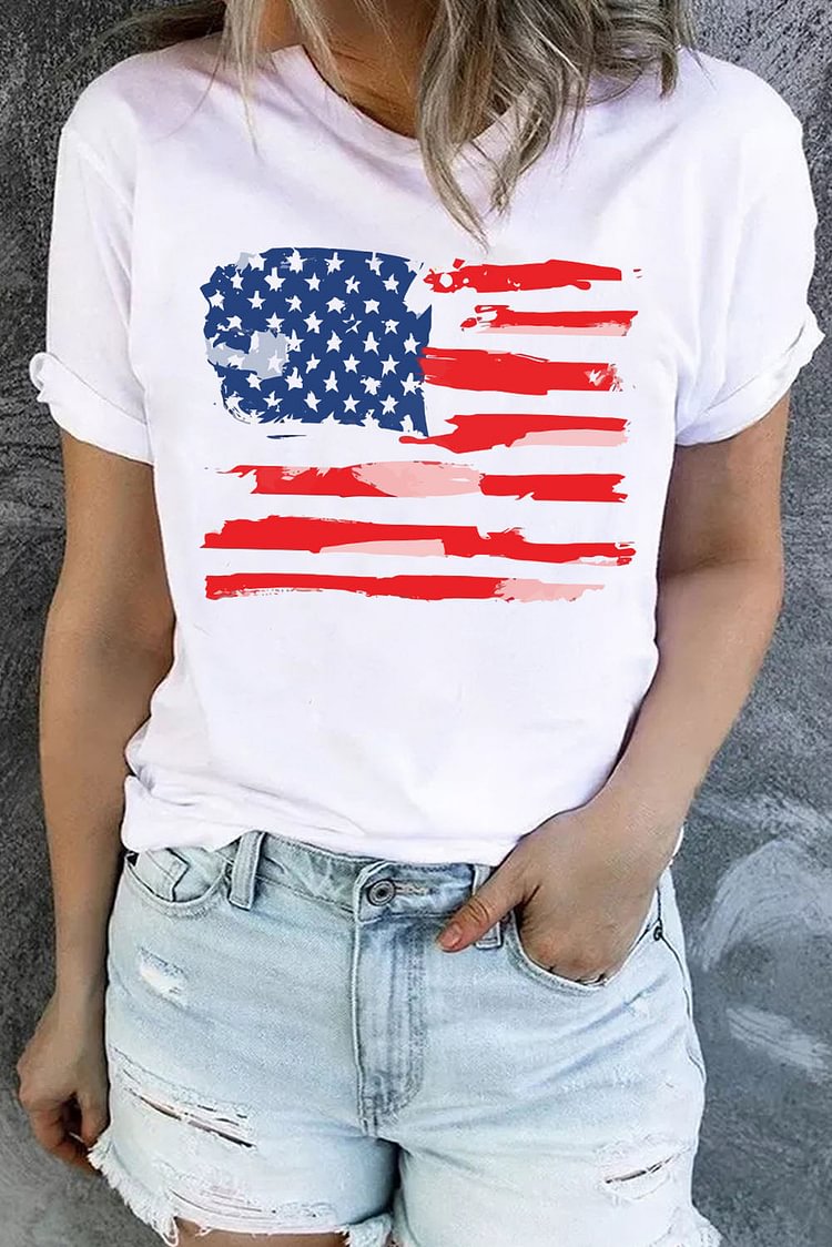 White America Flag Print Crew Neck T-shirt