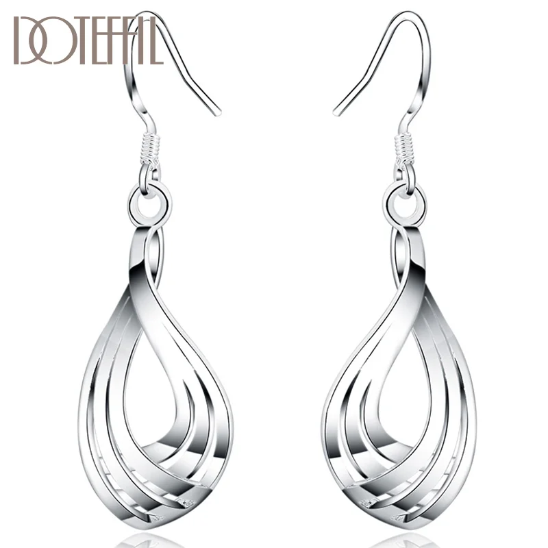 DOTEFFIL 925 Sterling Silver Third line Water Drops Earrings For Women Jewelry