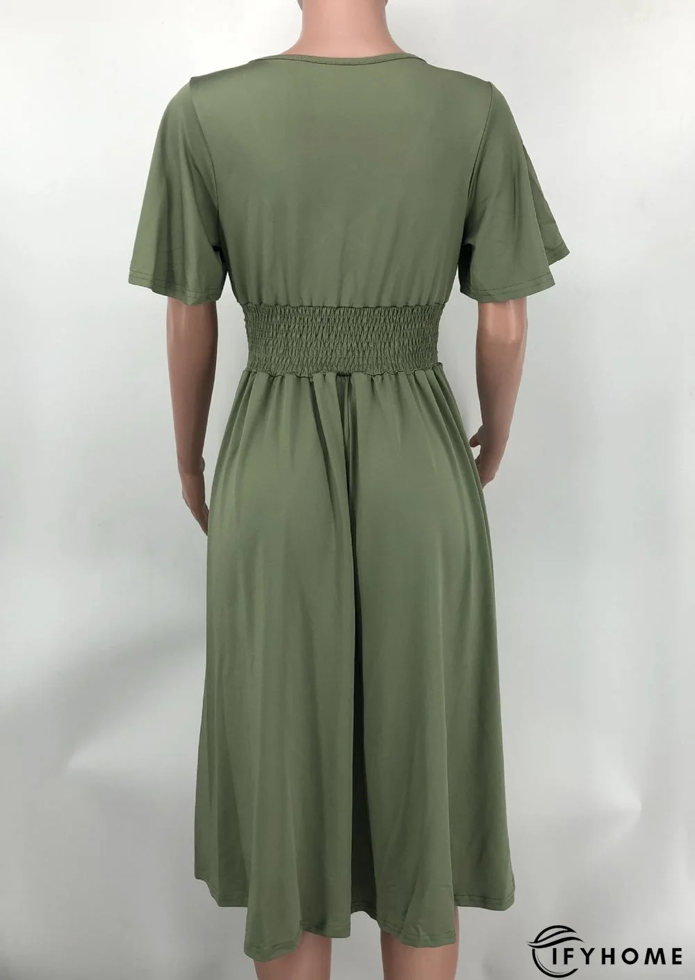Fashion Solid Color V-neck Short-sleeved Waist Pleated Dress | IFYHOME