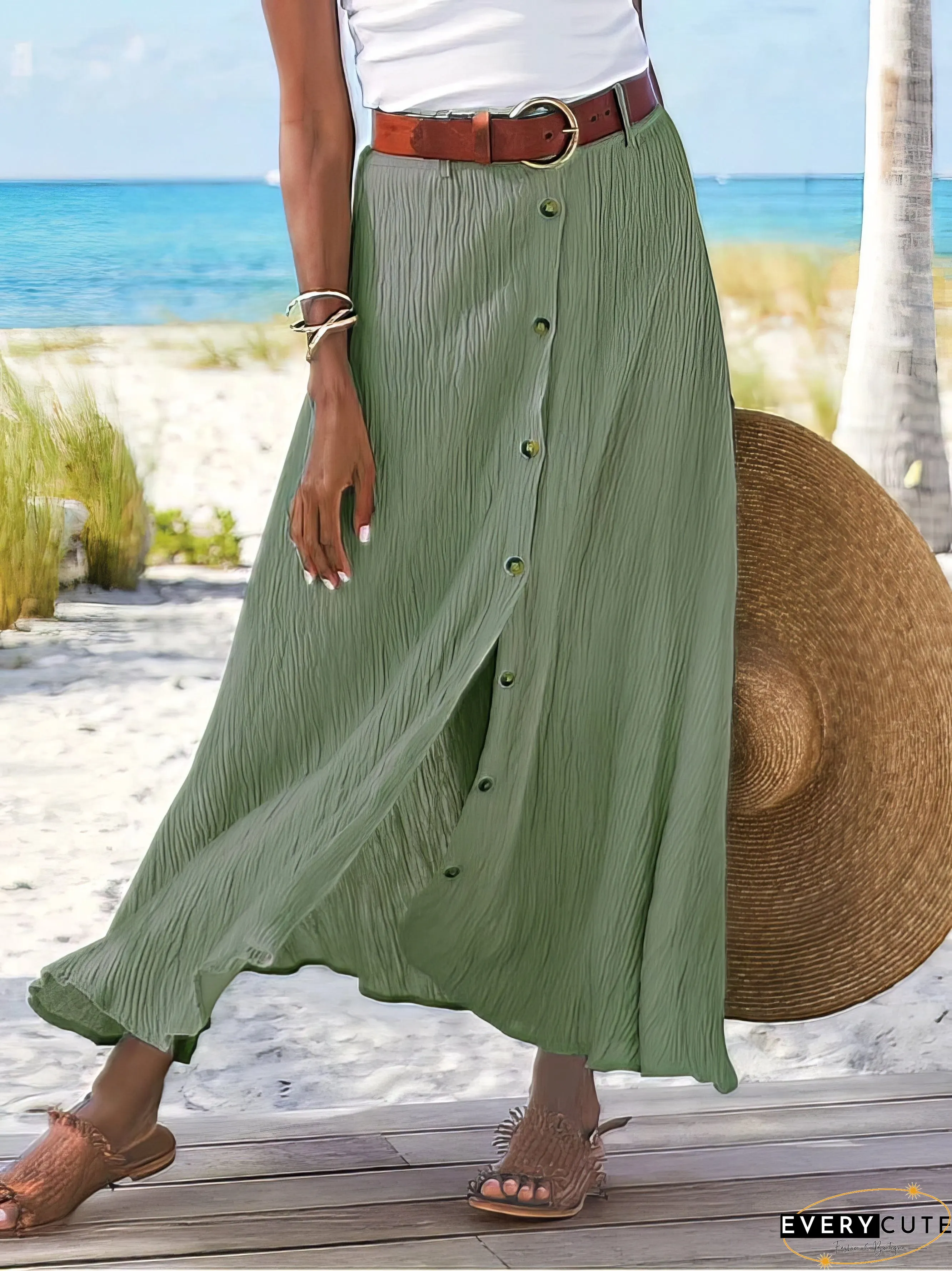 Buttoned Cotton and Linen High-Low A-Line Skirt