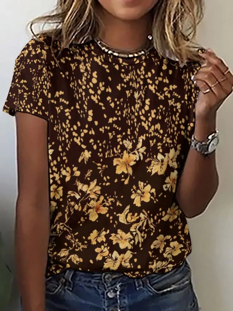Printed Short Sleeve Casual T-shirt for  Women and Men Unisex Pattern Black,Khaki,Floral
