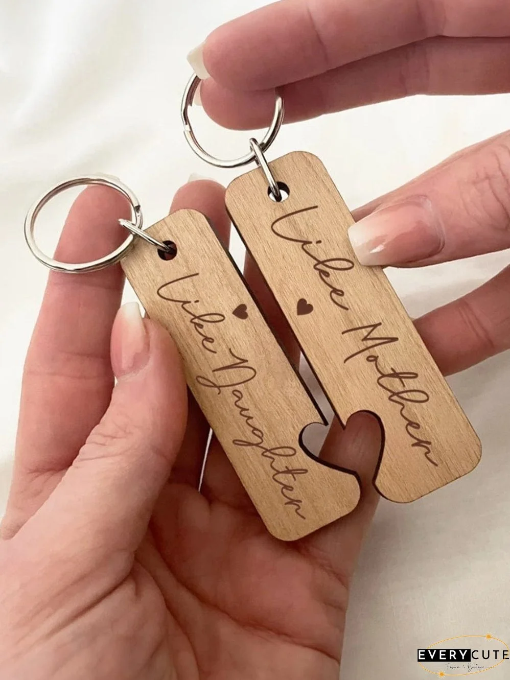 French Beige Mother-Daughter Heart Wooden Keychain Set
