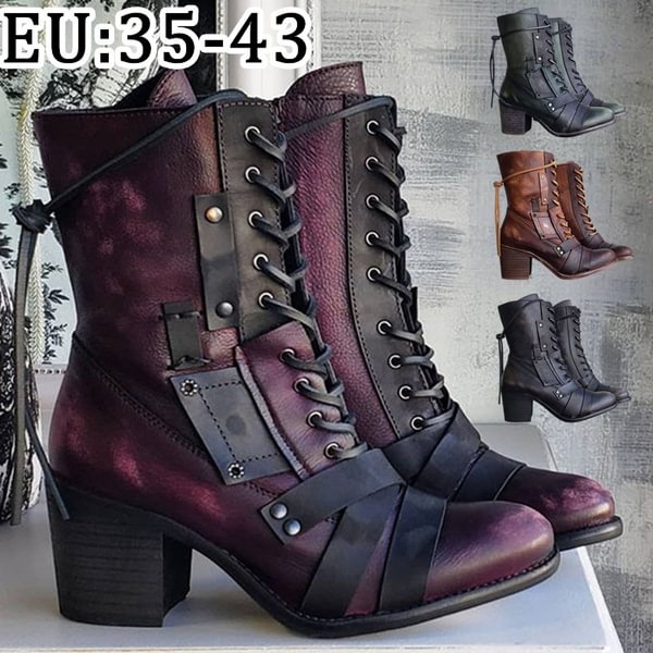 Fashion Boots for Women Vintage Leather Stitching Heel Boots Outdoor Pointed Mid-calf Cowboy Boots Tooling Motorcycle Boots Plus Size