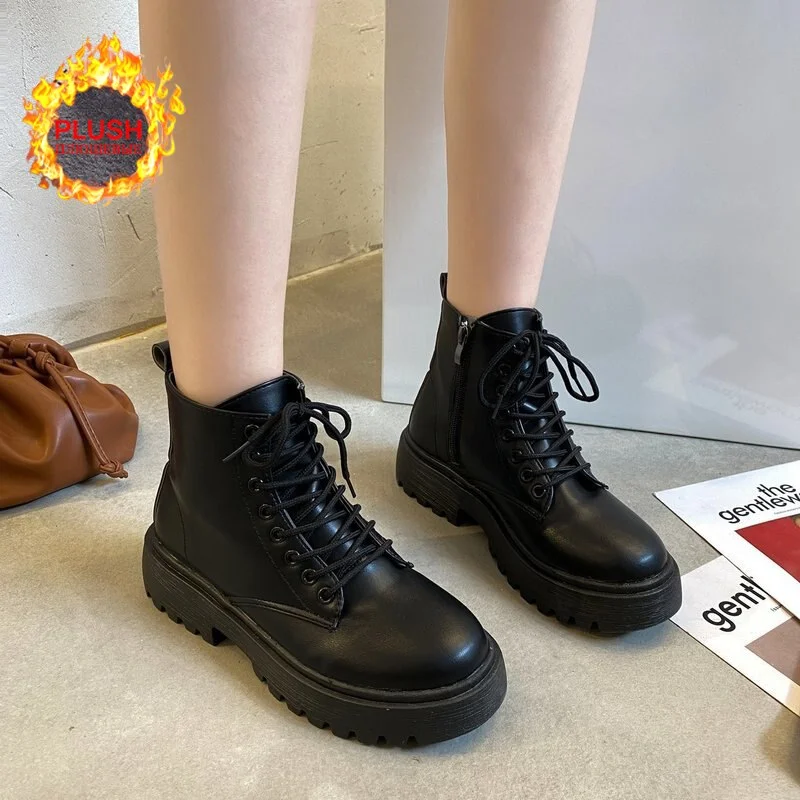 Colourp Women Boots Leather Platform Boots Black Ankle Boots Lace Up Ladies Motorcycle Boots Thick Heel Platform Heels Footwear