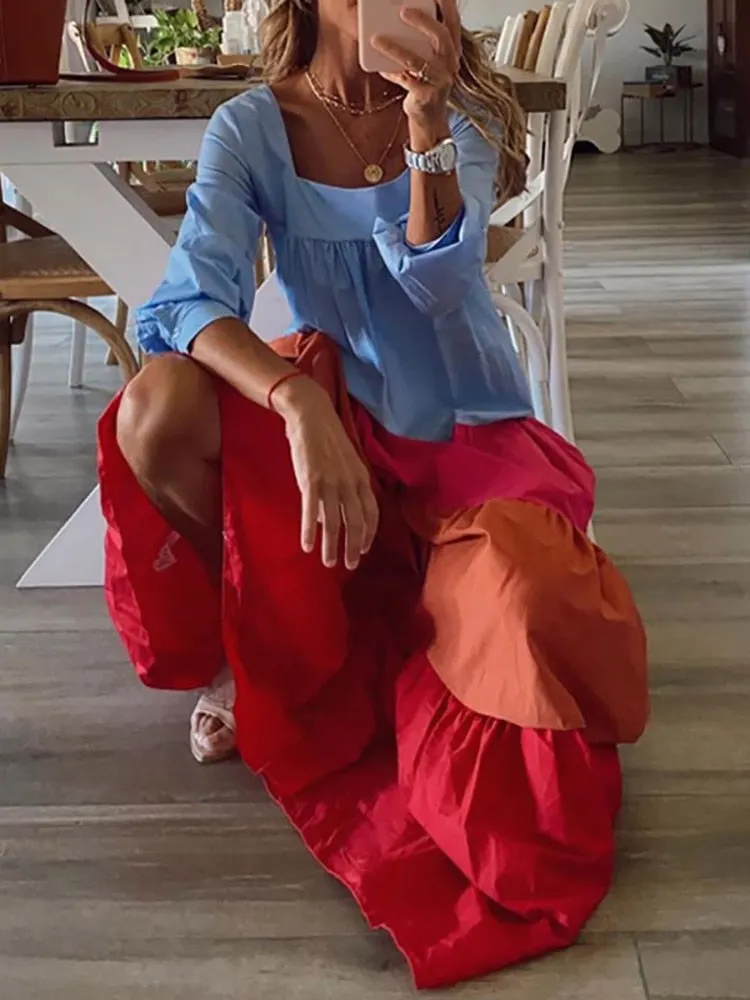 Women Vintage Long Sleeve Patchwork Pleated Dresses Ladies Sexy Slash Neck Loose Party Dress Summer Casual Female Dress Vestidos