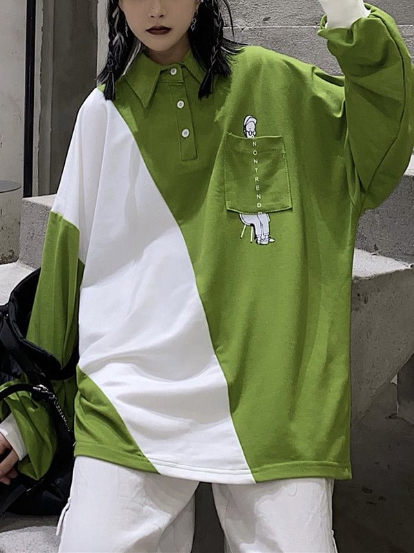 White&Green Split-Joint Buttoned Polo Sweatshirt