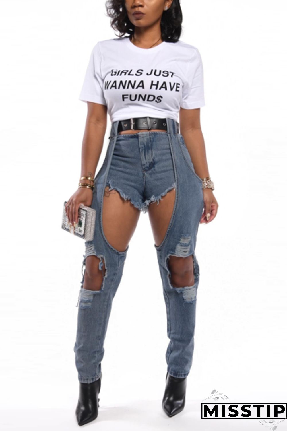 Light Blue Denim Zipper Fly Mid Solid Patchwork washing pencil Pants Pants