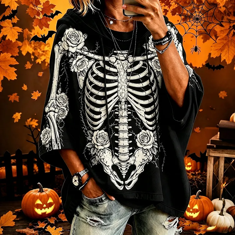 Women's Halloween Gothic Skull Floral Pattern Print Casual Hoodie