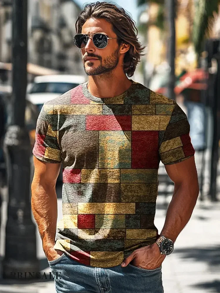 Men's Retro Geometric Art Print Round Neck Short Sleeve T-shirt