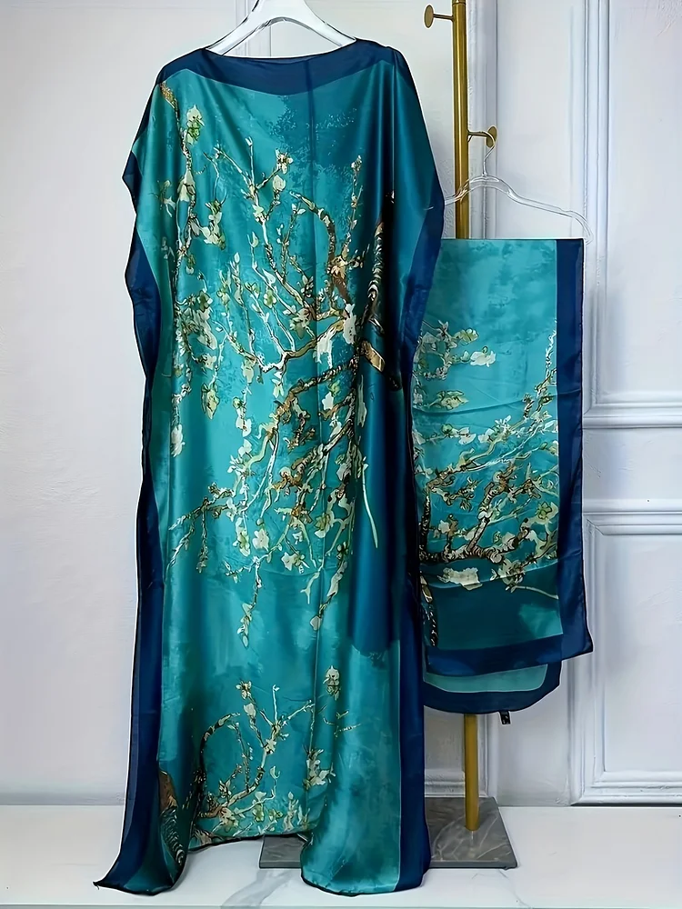 Women's Bohemian Teal Floral & Geometric Print Kaftan Dress - Silky Batwing Sleeves & Matching Headpiece, Adjustable Waist Tie, Straight Cut Long Length For Vacations, Artistic Events & Year-Round Wear