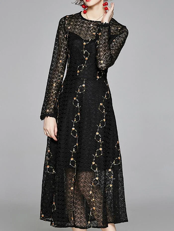 Fashion Embroidered Round Neck Lace Dress