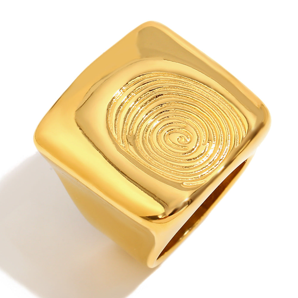 Geometric Personality Exaggerated Hand Jewelry Stainless Steel Plated 18K Gold Niche Fingerprint Square Ring Female