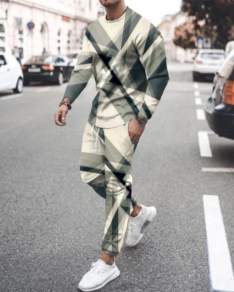 Men's Fashion Gray Geometric  Printing Long-sleeved Suit