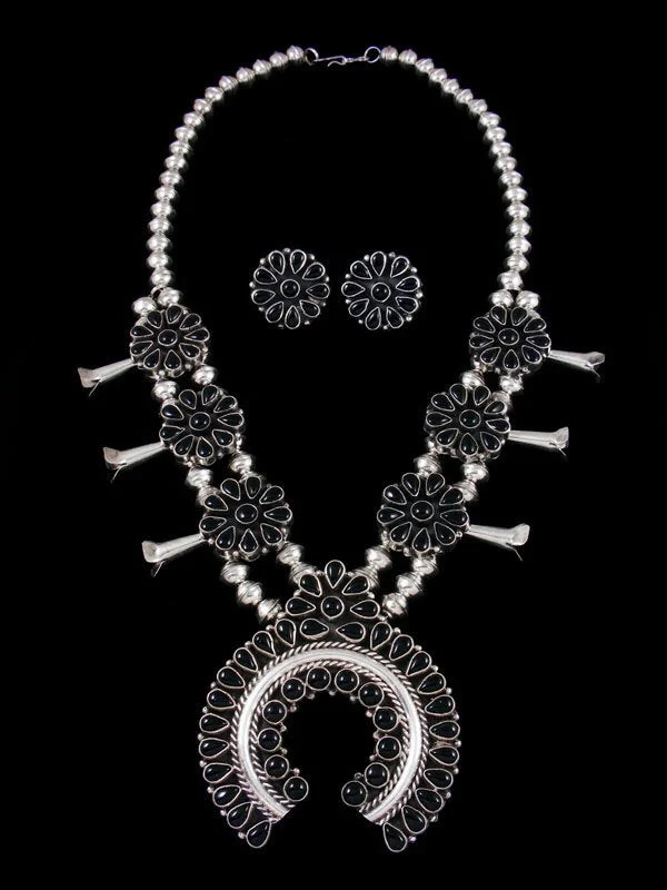 Native American Black Onyx Squash Blossom Necklace and Earrings Set