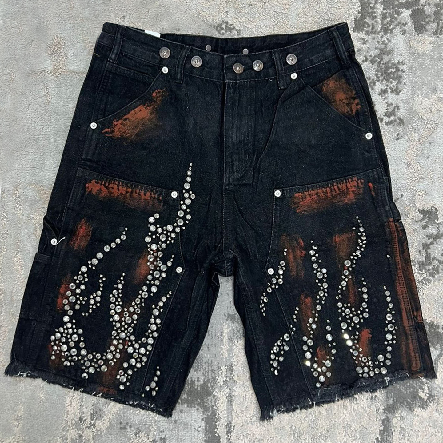 Hiphop Street Flame Rhinestone Five-point Denim Shorts