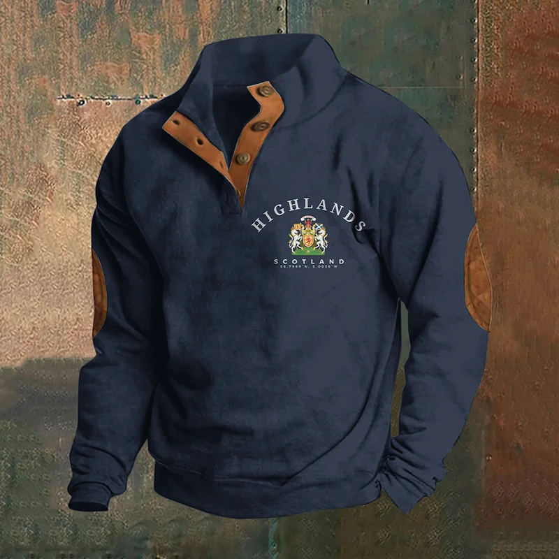 Scottish Highlands Print Stand Collar Button Sweatshirt
