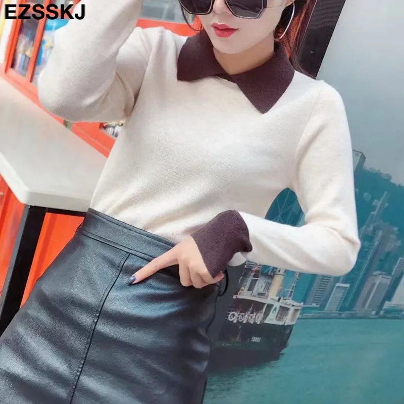 Ezsskj turndown collar thin Sweater Pullover parchwork Women Casual Long Sleeve chic bottom Sweater Female Jumpers top