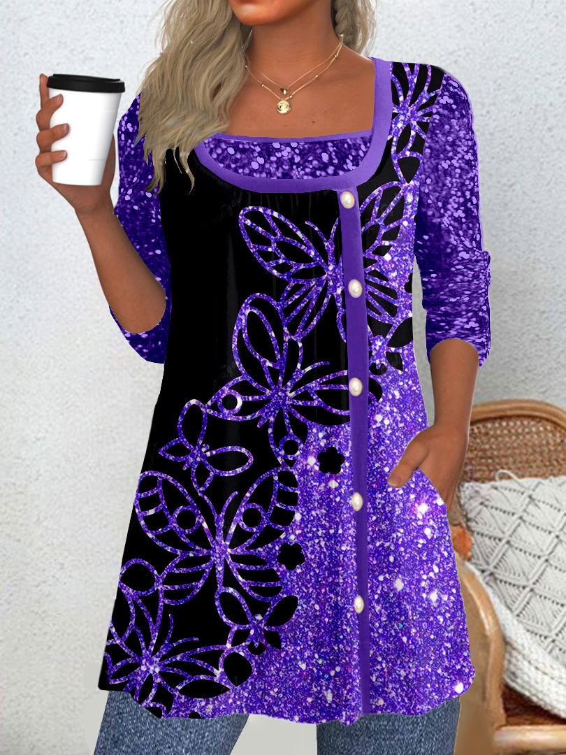 Women's Long Sleeve Scoop Neck Graphic Sequins Top