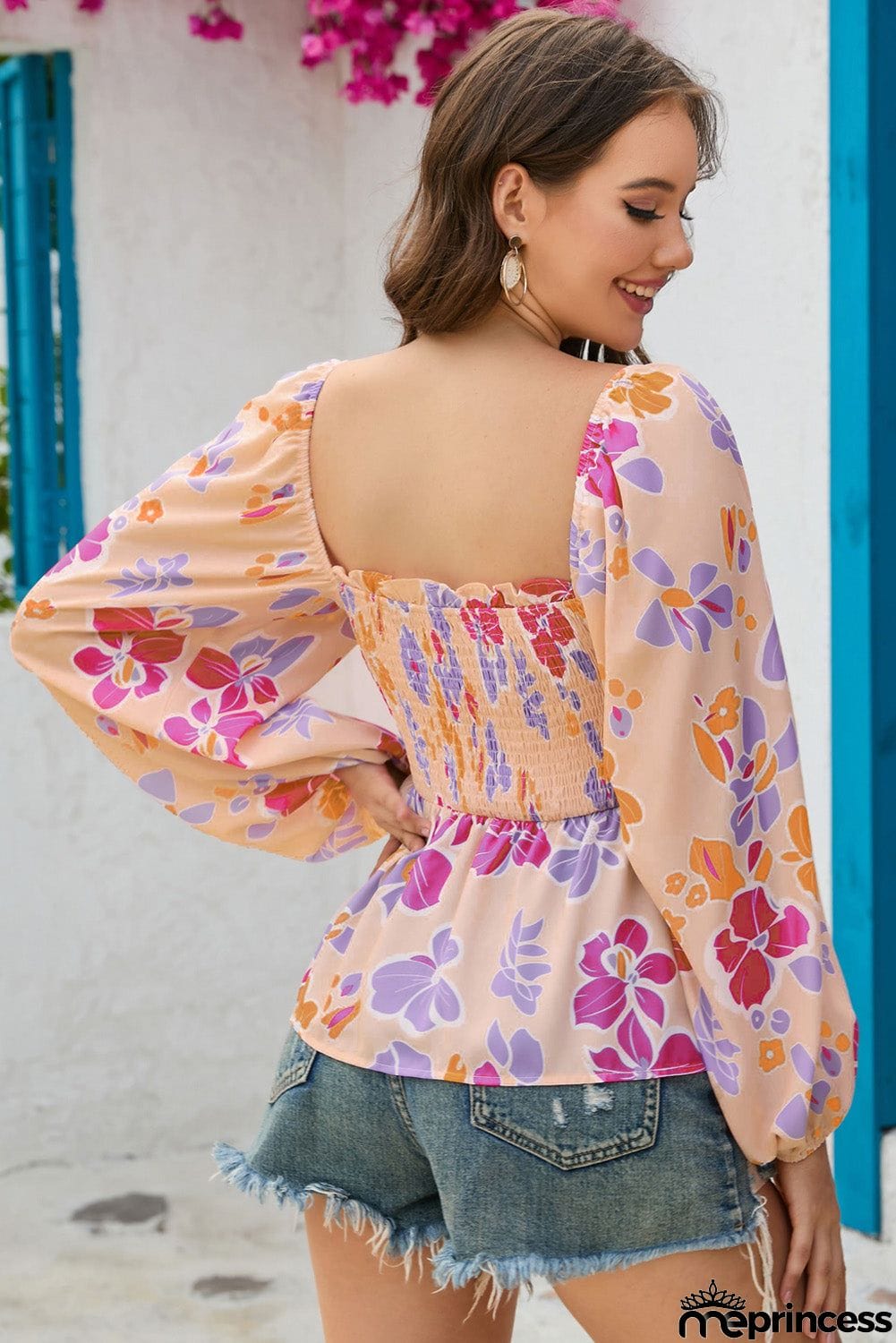 Floral Square Neck Smocked Blouse