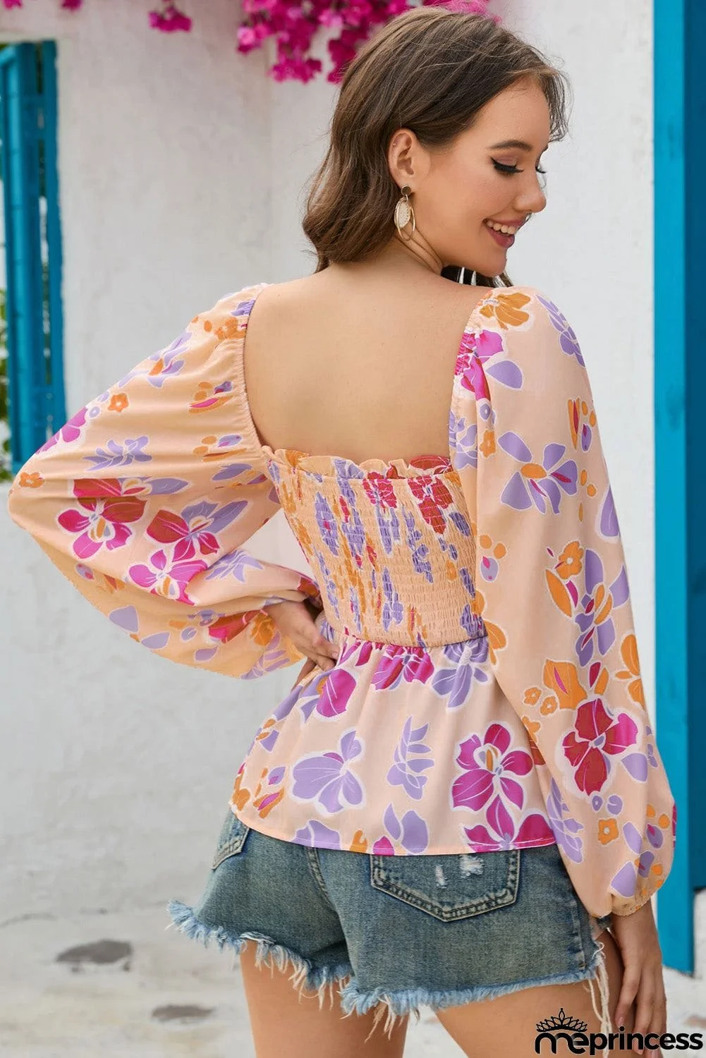 Floral Square Neck Smocked Blouse