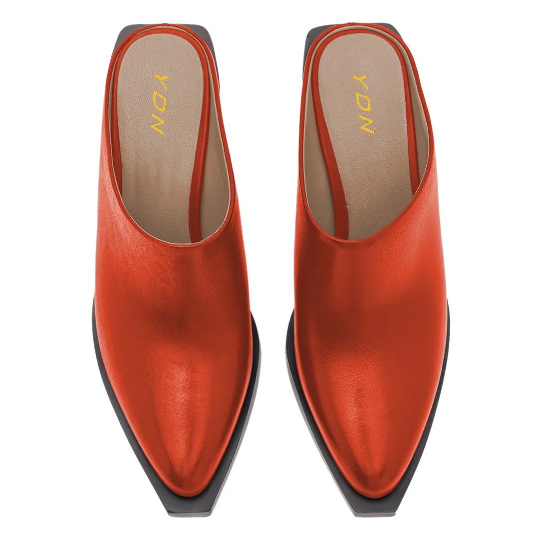 Orange Vegan Leather Snip Toe Vintage Mule Heels for Women