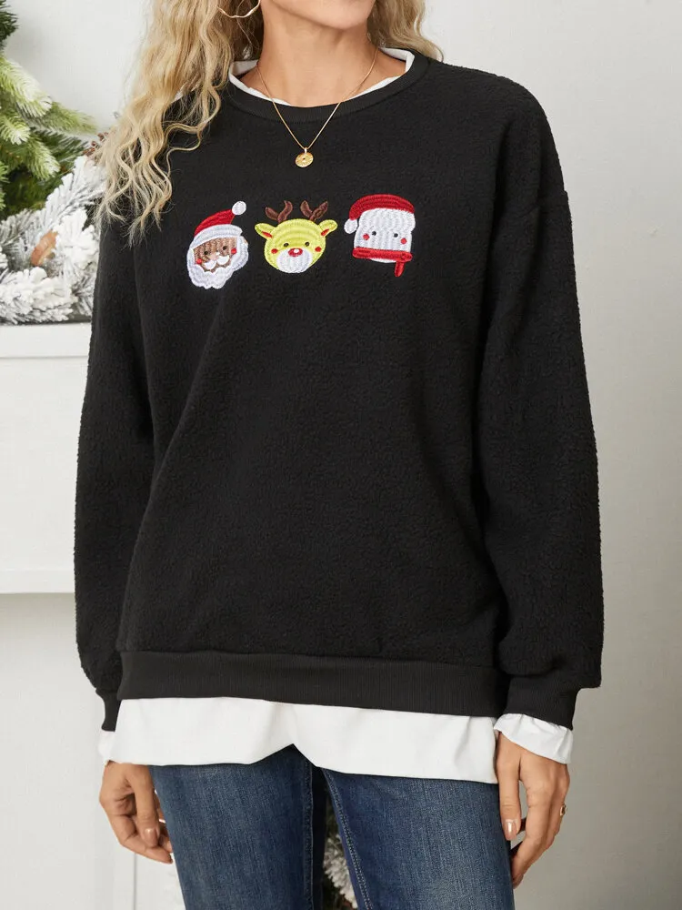 Cartoon Animal Christmas Tree Fake Two Pieces Sweatshirt