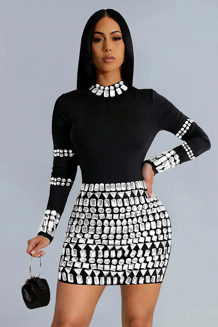 Rhinestone Decor Stand Collar Long Sleeve Party Fitted Mini Dresses-Black