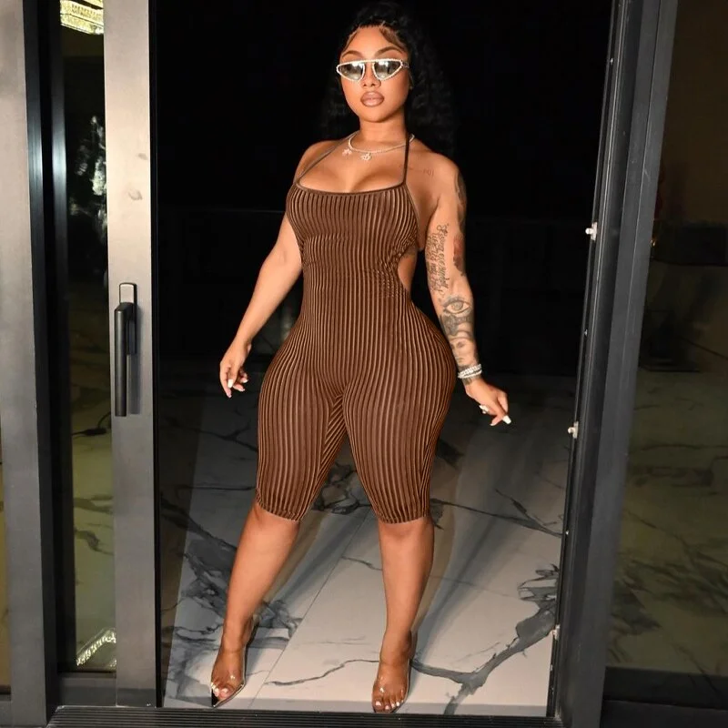 Hugcitar Ribbed Solid Slip Backless Sleeveless Bodycon V Neck Playsuit 2022 Sexy Slim Elegant Outfit Y2K Clothing Overalls