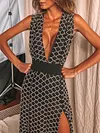Polka-Dot Prinnt Deep V-Neck Maxi Dress