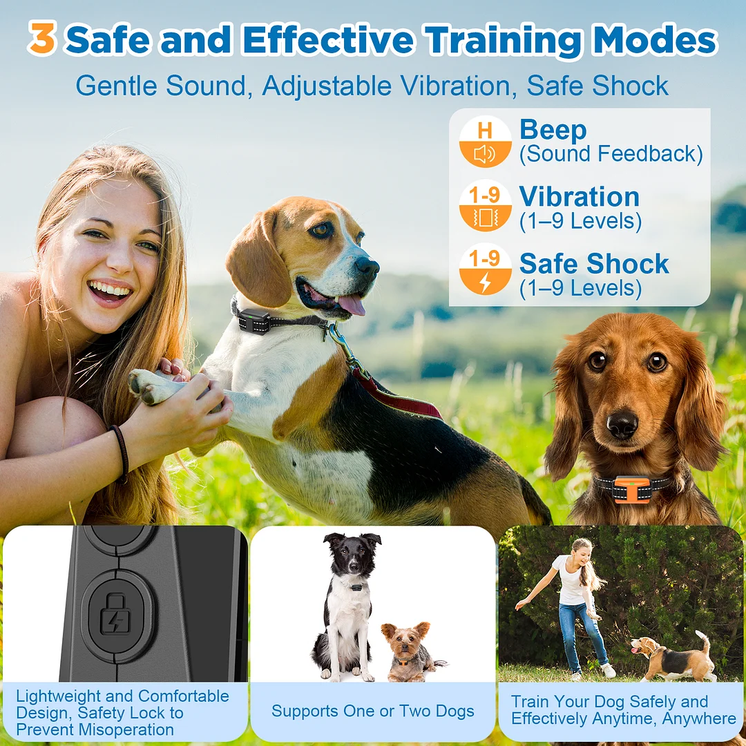 Dog Training Collar for 2 Dogs with Remote, 1640FT Range IP67-Rated, Beep Vibration Safe Shock Modes, Safety Lock, Adjustable Reflective Nylon Collars, Rechargeable