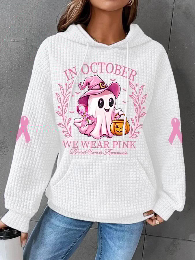 Women's In October We Wear Pink Halloween Ghost Breast Cancer Awareness Warrior Waffle Hoodie